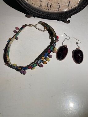 Boho beadsFabric Choker Necklace  Handcrafted Resin Copper Faces earring Set